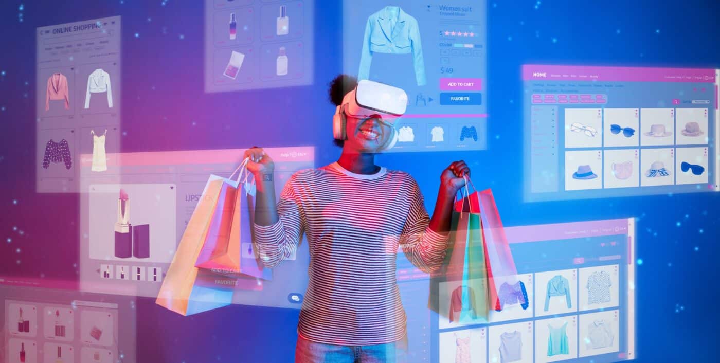 Persona usa visor de realidad virtual y sostiene bolsas de compras frente a interfaces de inteligencia artificial en retail.