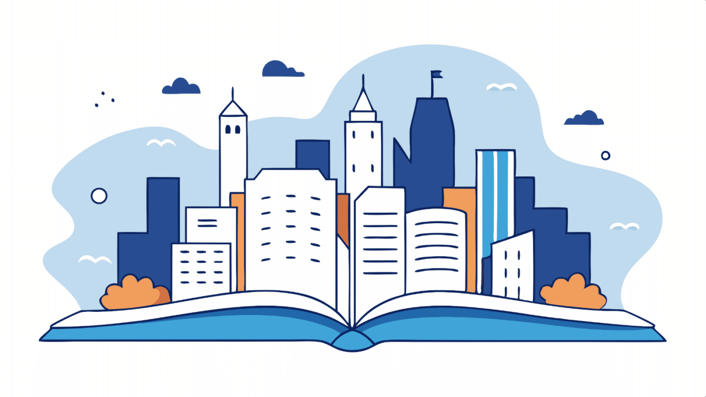 Persona abre un libro del que emergen rascacielos simulando edificios de ciudad.