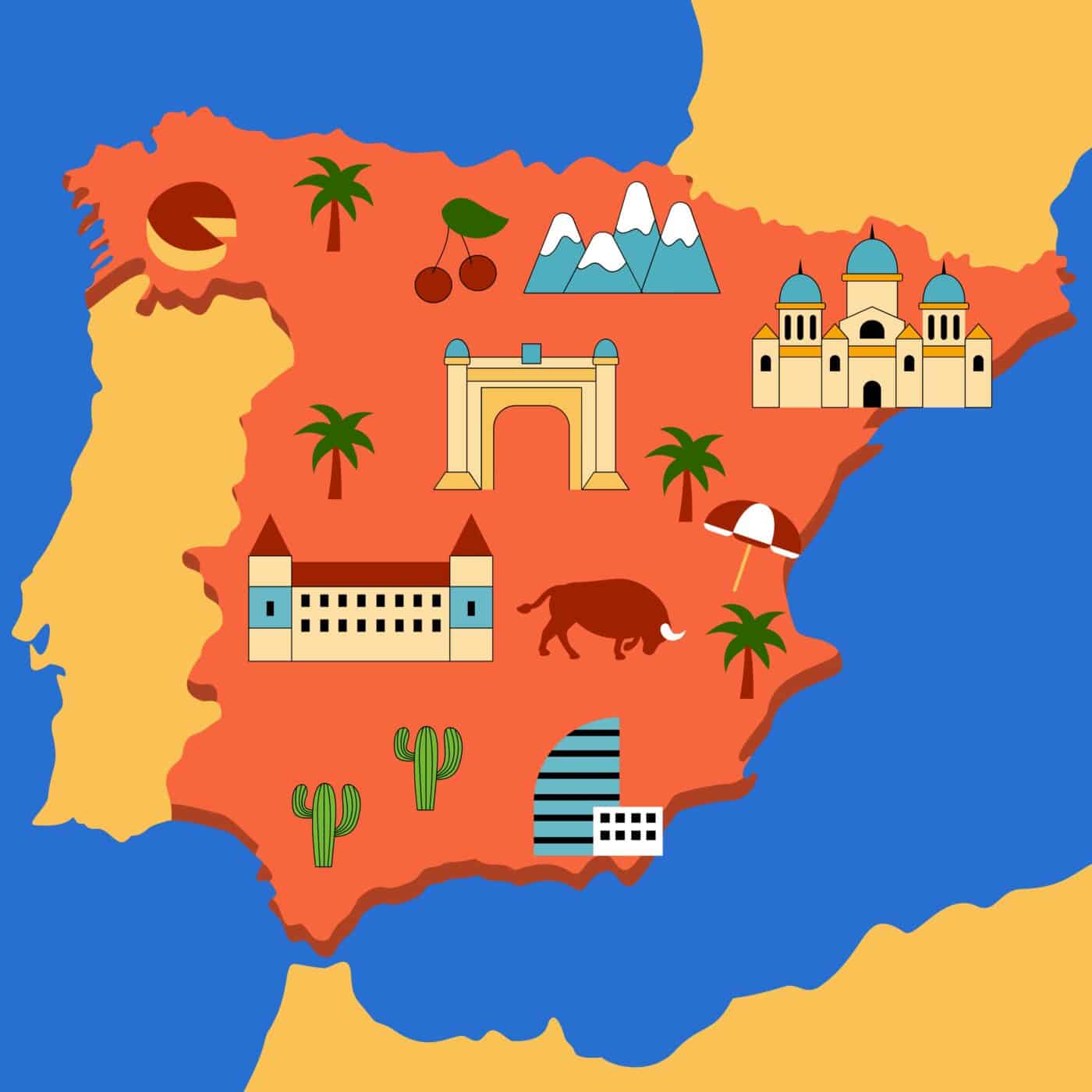 Mapa ilustrado de España con montañas, monumentos y viviendas usadas visibles en zonas costeras.