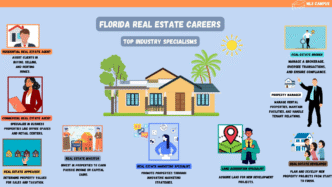 Infografía de empleos en sector inmobiliario Florida, incluye íconos de persona y casa al centro.