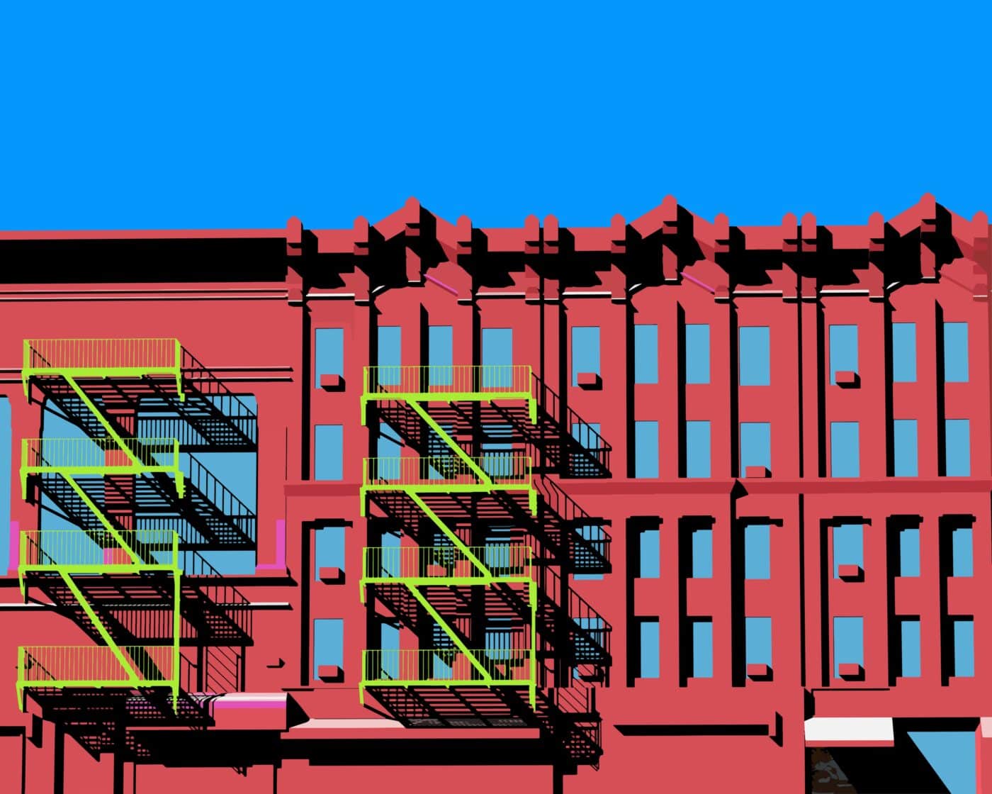 Edificio de ladrillo rojo con escaleras verdes y símbolo 2026 de vivienda asequible bajo cielo azul.