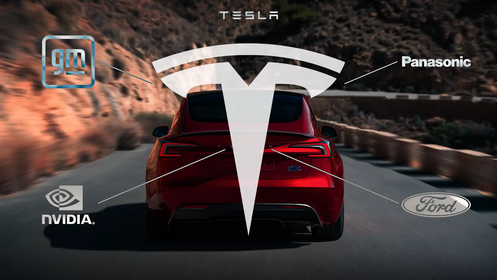 Persona conduce Tesla rojo en carretera, rodeado de logos de GM, NVIDIA, Hilton, Panasonic y Ford junto al logo de Tesla.