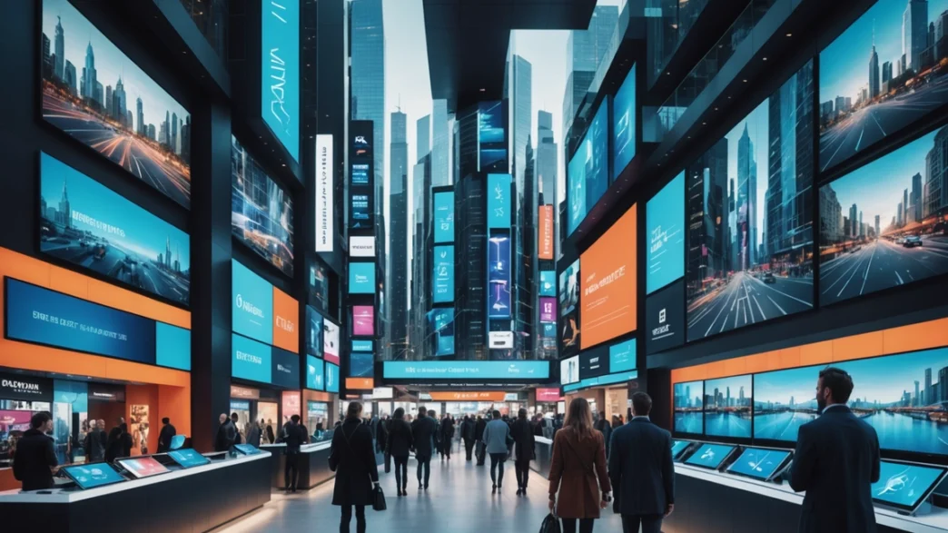 Personas en un salón de exposiciones con pantallas digitales, redes de real estate digital y paisajes urbanos visibles.