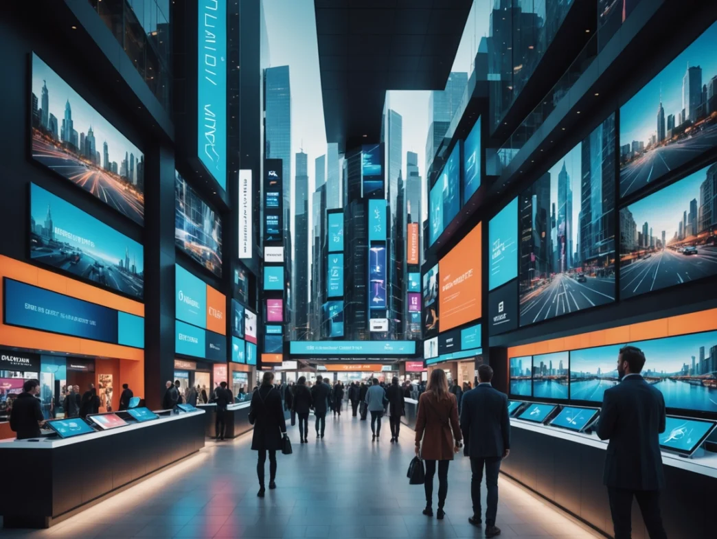 Personas en un salón de exposiciones con pantallas digitales, redes de real estate digital y paisajes urbanos visibles.