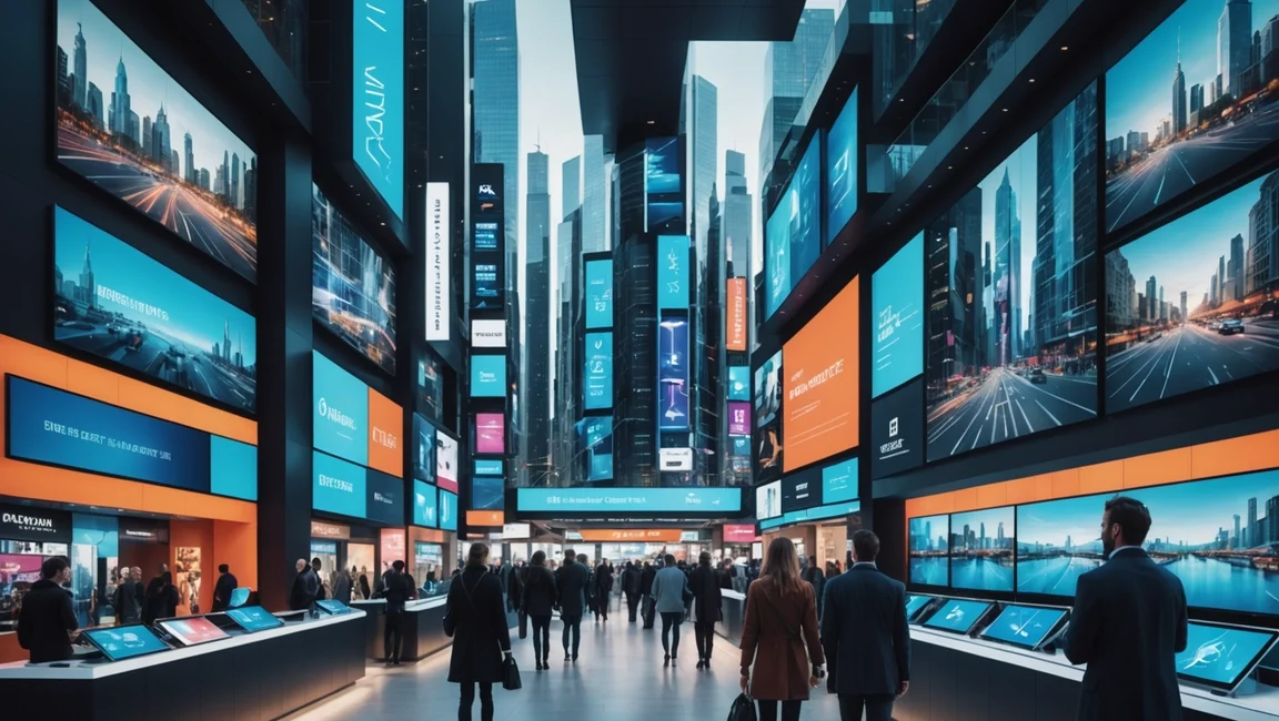 Personas en un salón de exposiciones con pantallas digitales, redes de real estate digital y paisajes urbanos visibles.