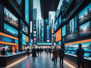 Personas en un salón de exposiciones con pantallas digitales, redes de real estate digital y paisajes urbanos visibles.