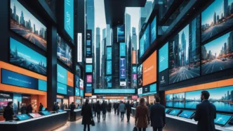 Personas en un salón de exposiciones con pantallas digitales, redes de real estate digital y paisajes urbanos visibles.
