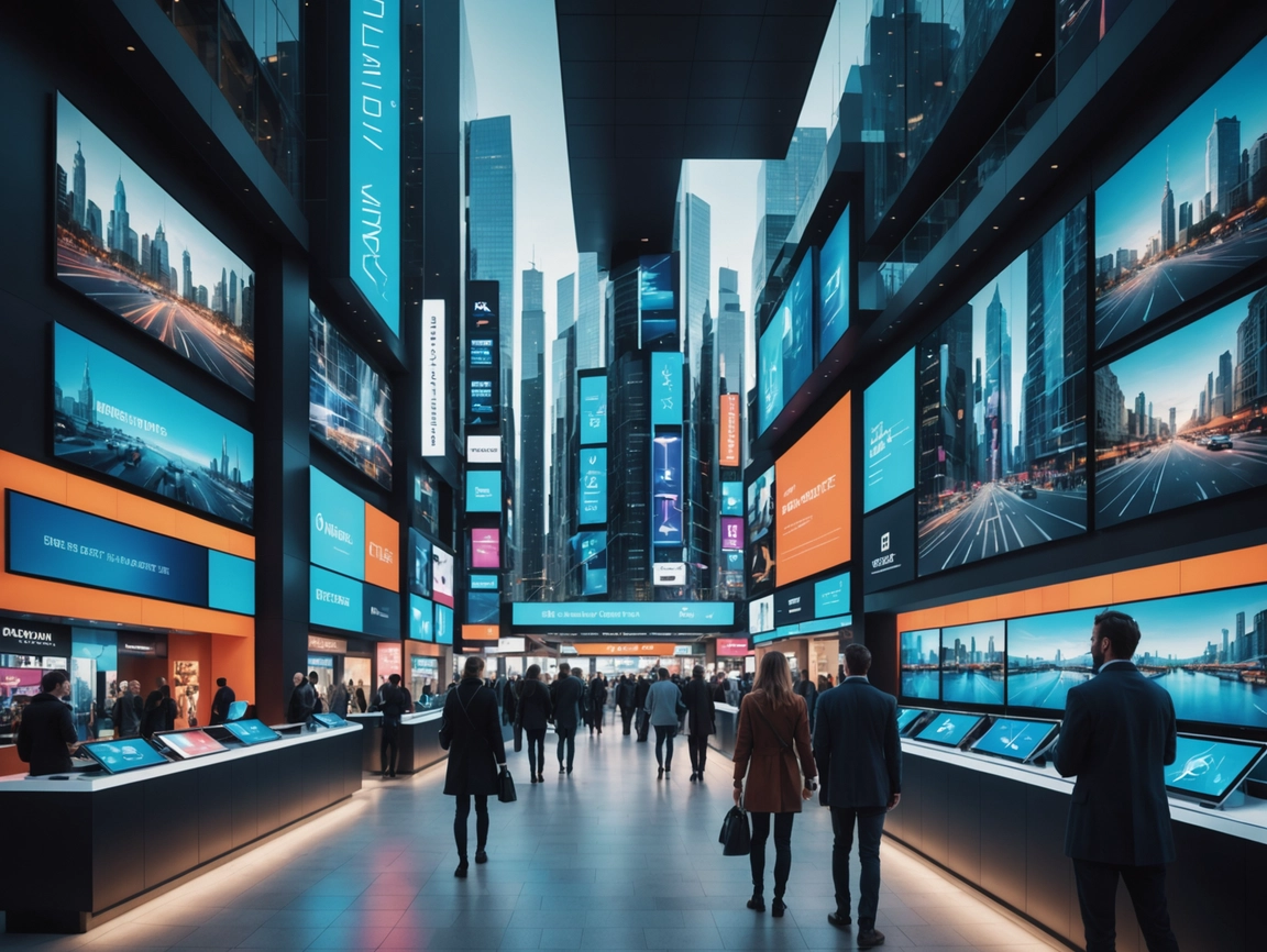 Personas en un salón de exposiciones con pantallas digitales, redes de real estate digital y paisajes urbanos visibles.