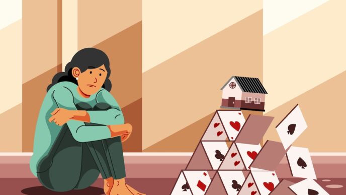 Persona sentada junto a una casa de cartas colapsando, texto el mercado inmobiliario residencial de Estados Unidos 2026.