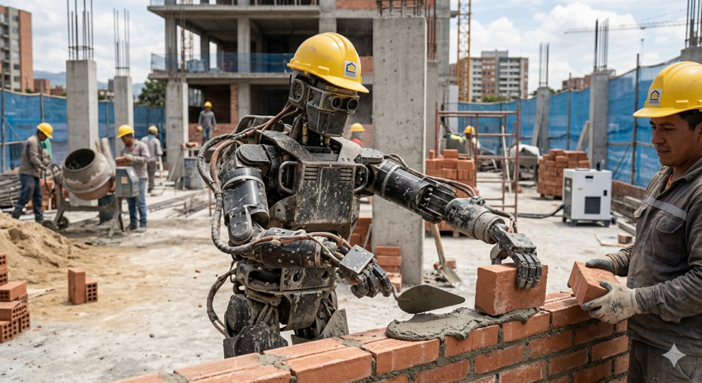 Persona robot humanoide con casco coloca ladrillos en una obra en construcción concurrida.