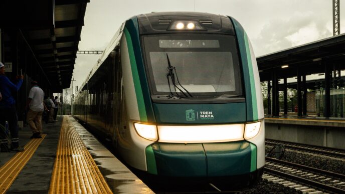 Tren Maya (formación X'Trapolis Tsíimin K'áak) llegando con los faros encendidos a la estación Mérida Teya, en Yucatán
