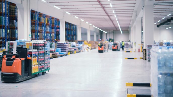 Interior de almacén industrial con tarimas de producto y montacargas. Espacios de almacenaje en Michoacán.