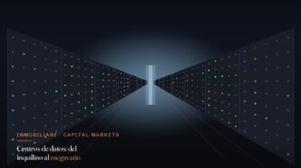 Pasillo de centro de datos con racks de servidores iluminados, ilustración editorial Inmobiliare sobre el superciclo de inversión y el megavatio
