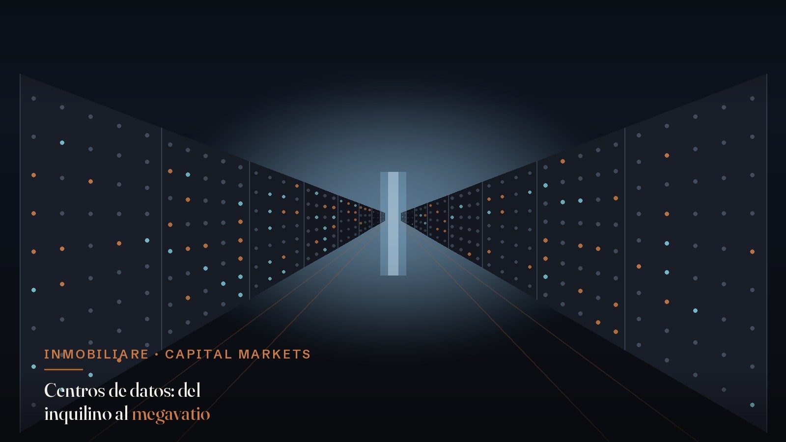 Pasillo de centro de datos con racks de servidores iluminados, ilustración editorial Inmobiliare sobre el superciclo de inversión y el megavatio